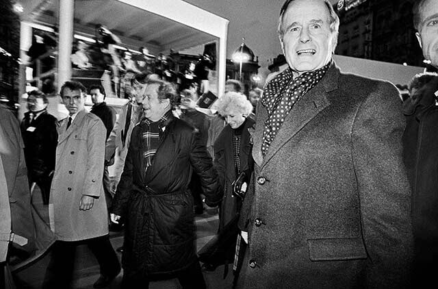 Prague, 17 November 1990 - Wenceslas Square - Havel with his wife Olga walking with US President George Bush through Wenceslas Square on the first anniversary of the Velvet Revolution